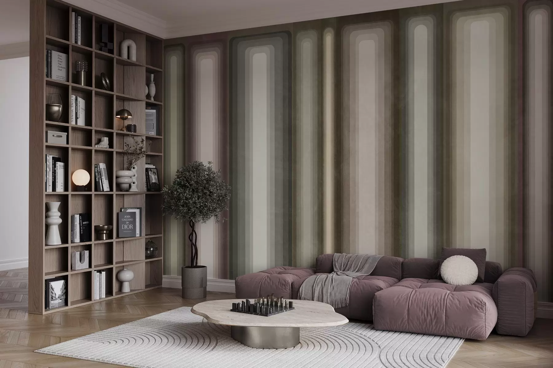 murales de pared Rectángulos verticales abstractos con textura y esquinas redondeadas, en tonos apagados de marrón, beige y rosa pálido w09905