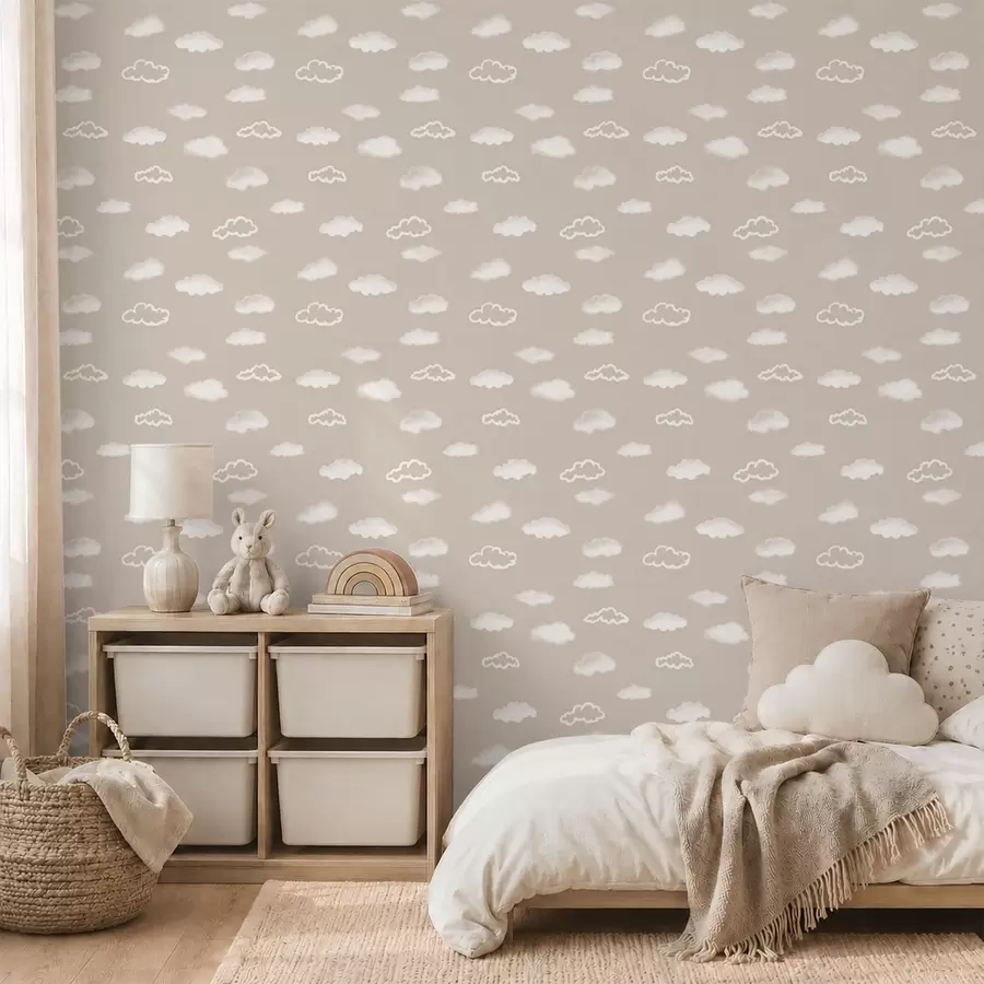 murales de pared Suaves nubes blancas sobre un fondo beige cálido a00442