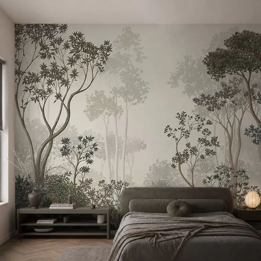 murales de pared Bosque brumoso con árboles y un tranquilo curso de agua w05700