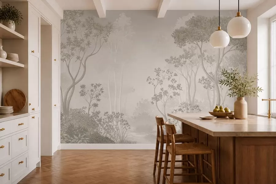murales de pared Un bosque envuelto en una ligera bruma, en suaves tonos neutros w05700v1