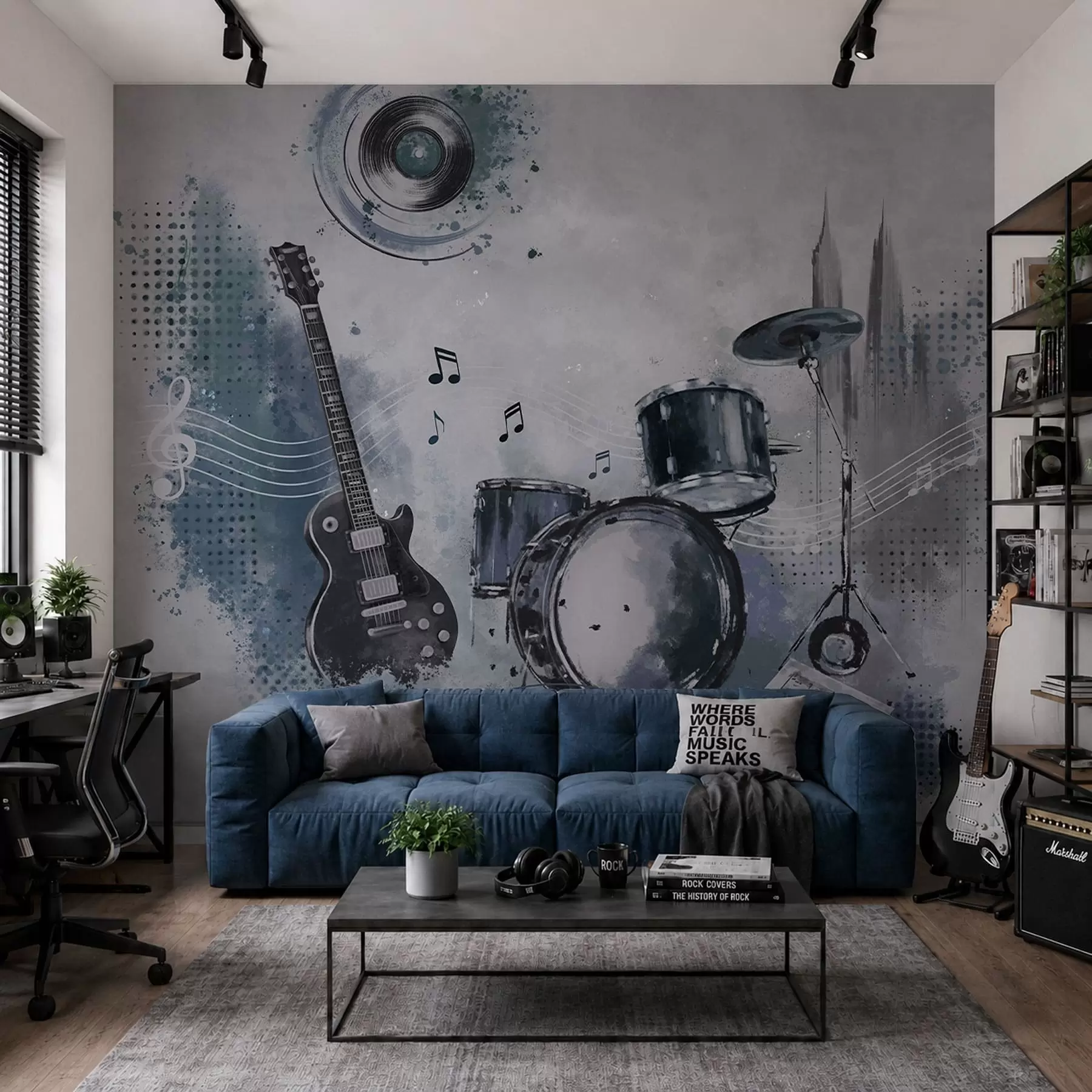 murales de pared Guitarra y batería con notas musicales w05546