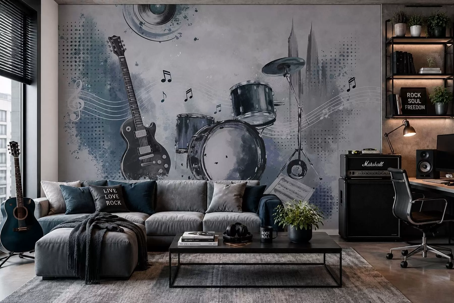 murales de pared Guitarra y batería con notas musicales w05546