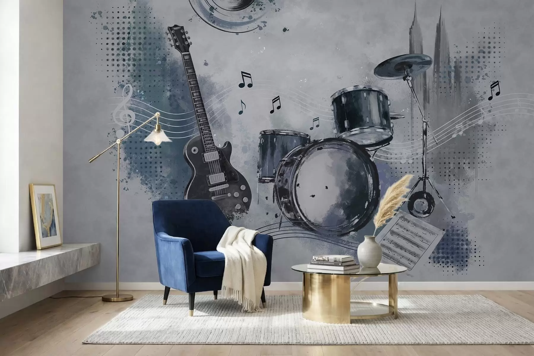 murales de pared Guitarra y batería con notas musicales w05546