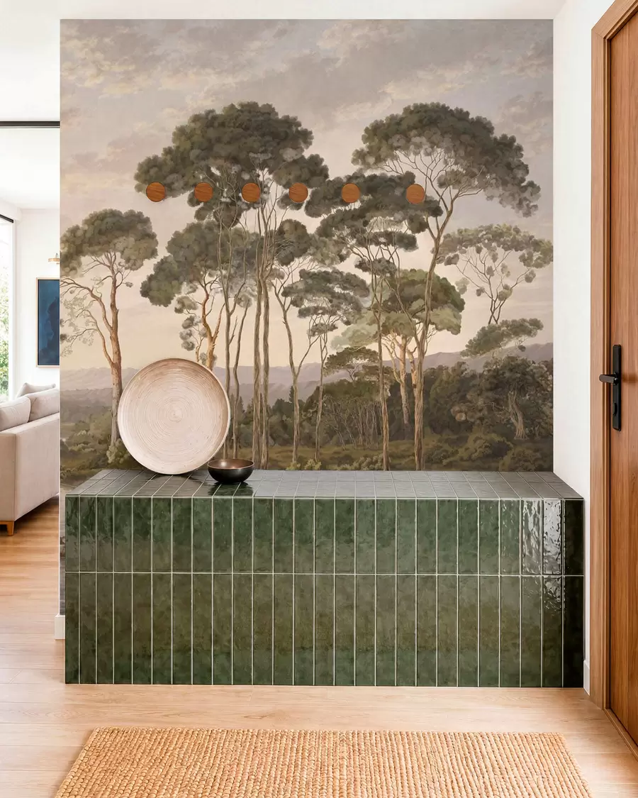 murales de pared Paisaje con río, árboles y colinas en la lejanía w05696