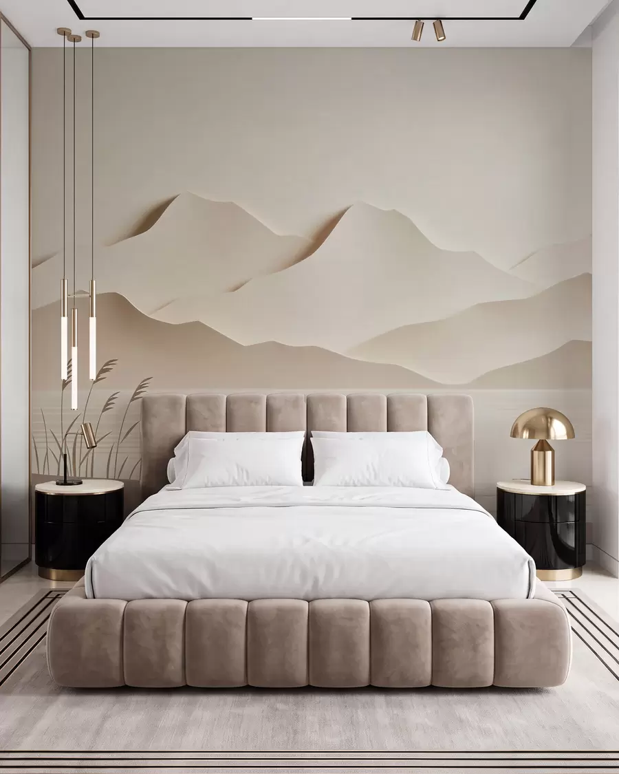 murales de pared Paisaje montañoso con varias capas sobre un lago tranquilo, en una cálida gama de tonos beige w09876