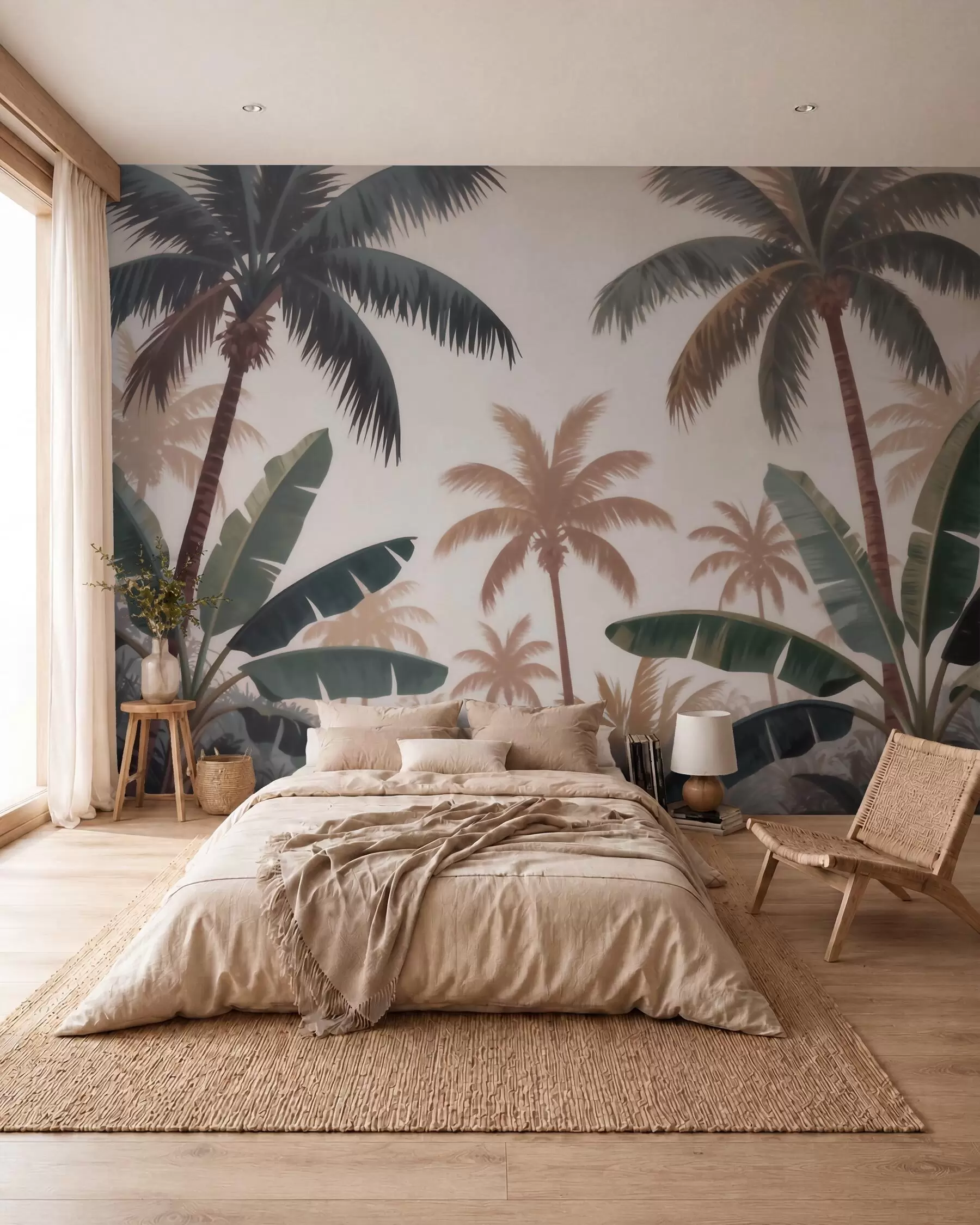 murales de pared Palmeras tropicales en una suave paleta de colores vintage con un ambiente brumoso de mañana w09884