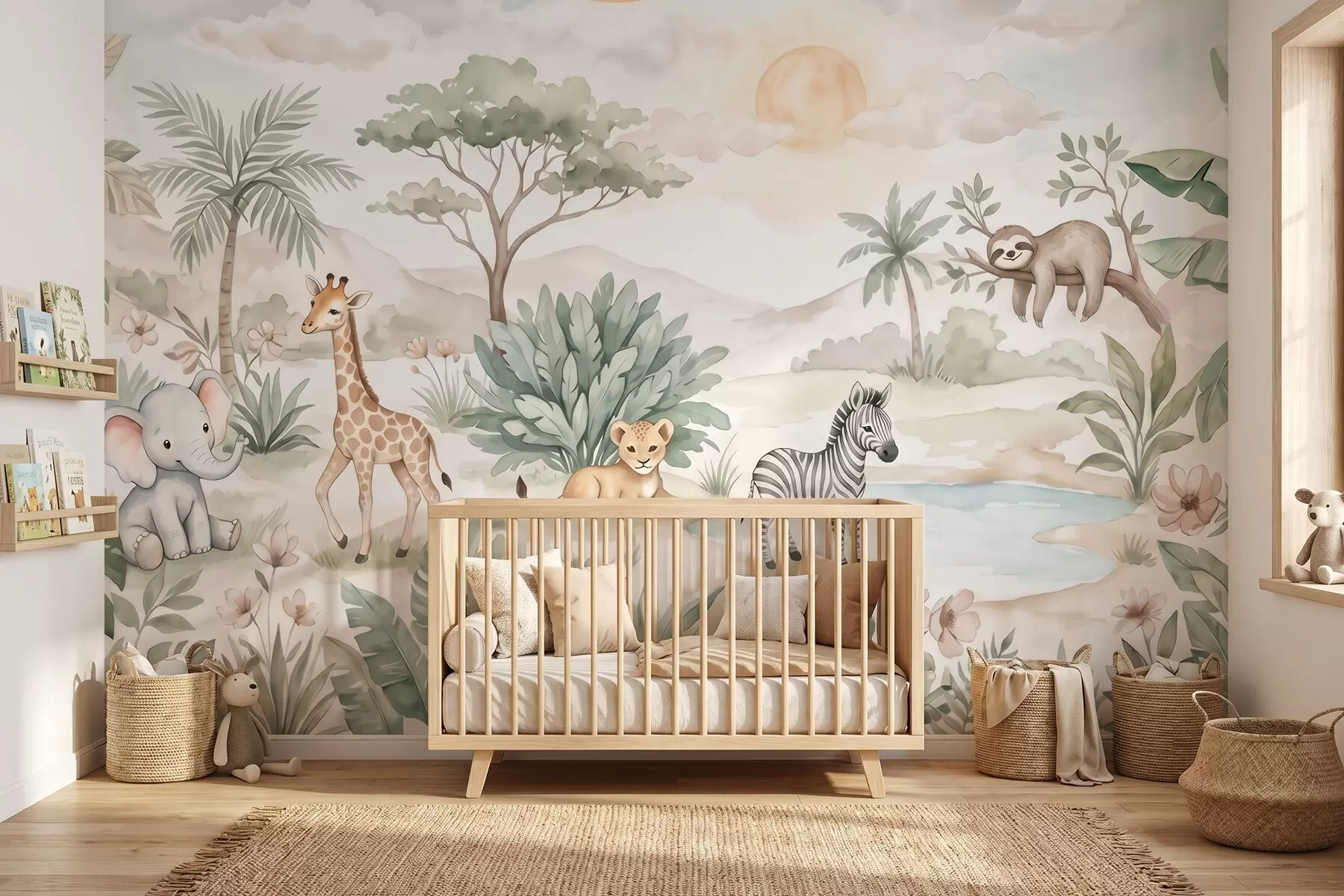 murales de pared Escena de safari pintada en acuarela con animales en delicados tonos pastel, en la que aparecen una jirafa, un elefante bebé, una cebra y un cachorro de león w09888