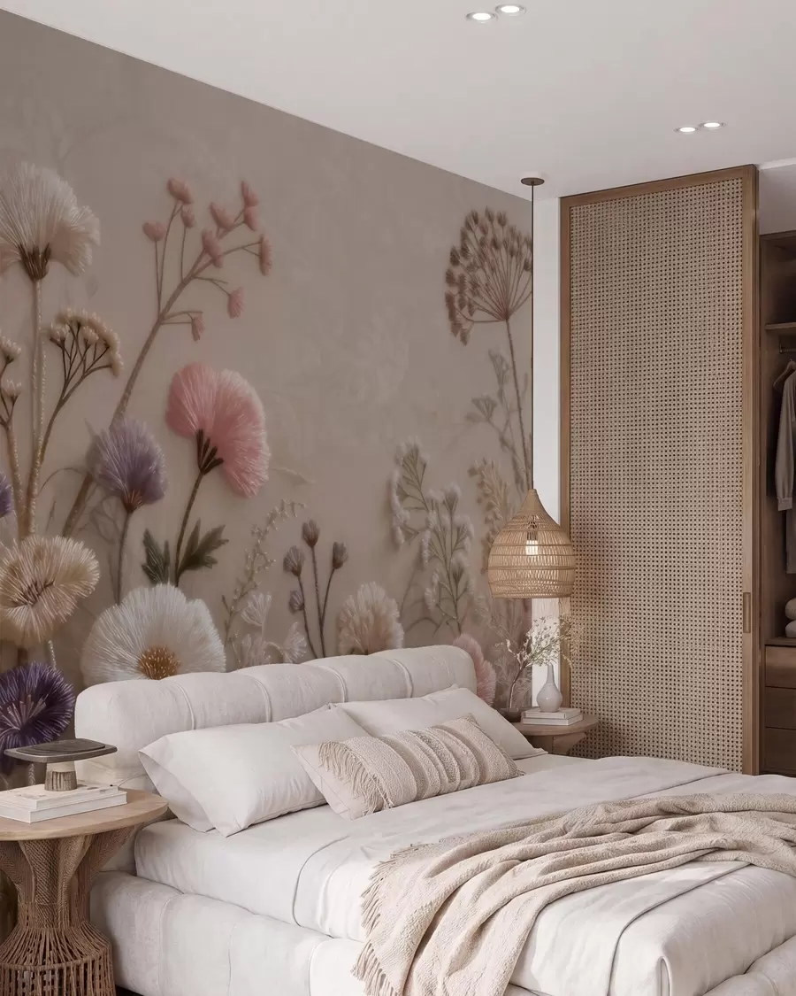 murales de pared Flores silvestres tridimensionales con un efecto de bordado artesanal en una paleta de colores pastel w09874