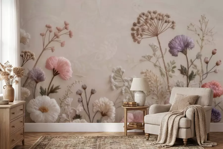 murales de pared Flores silvestres tridimensionales con un efecto de bordado artesanal en una paleta de colores pastel w09874