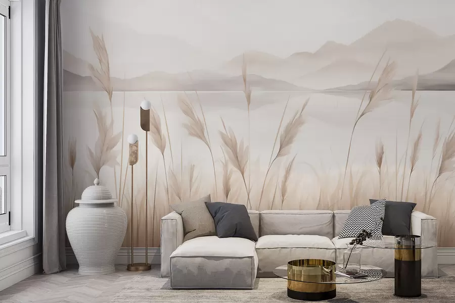 murales de pared Juncos junto a un lago con montañas al fondo, imitación de un cuadro w05704