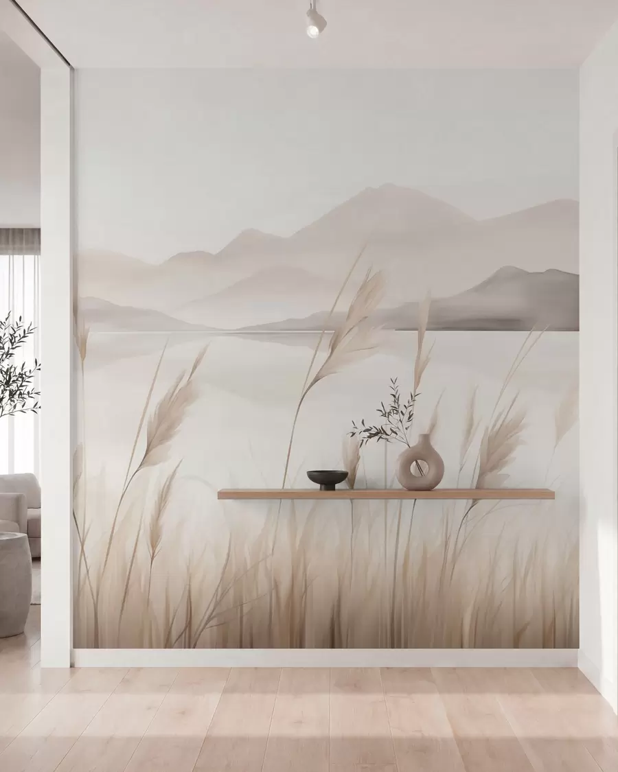 murales de pared Juncos junto a un lago con montañas al fondo, imitación de un cuadro w05704