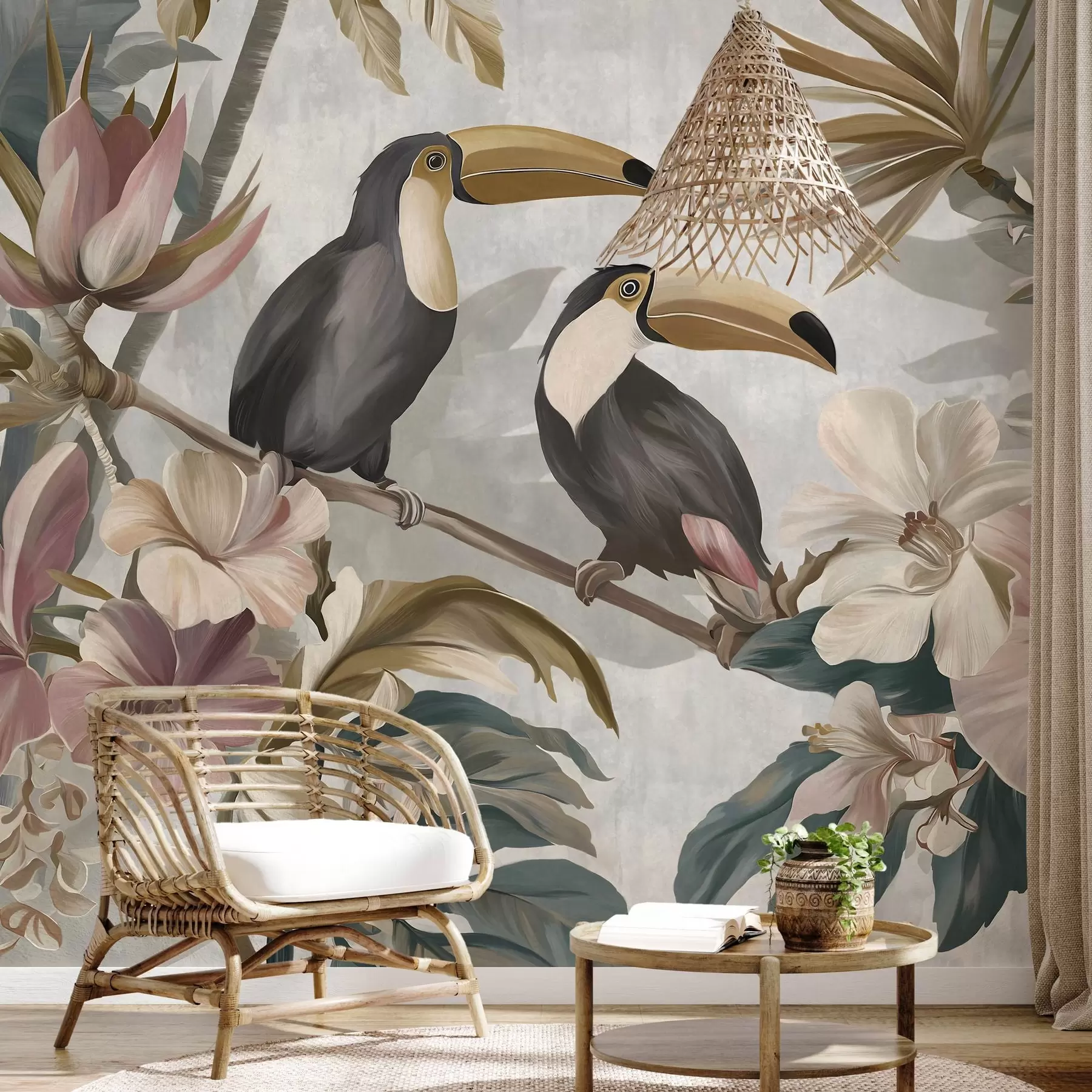 murales de pared una pareja de tucanes entre flores y hojas tropicales w05657