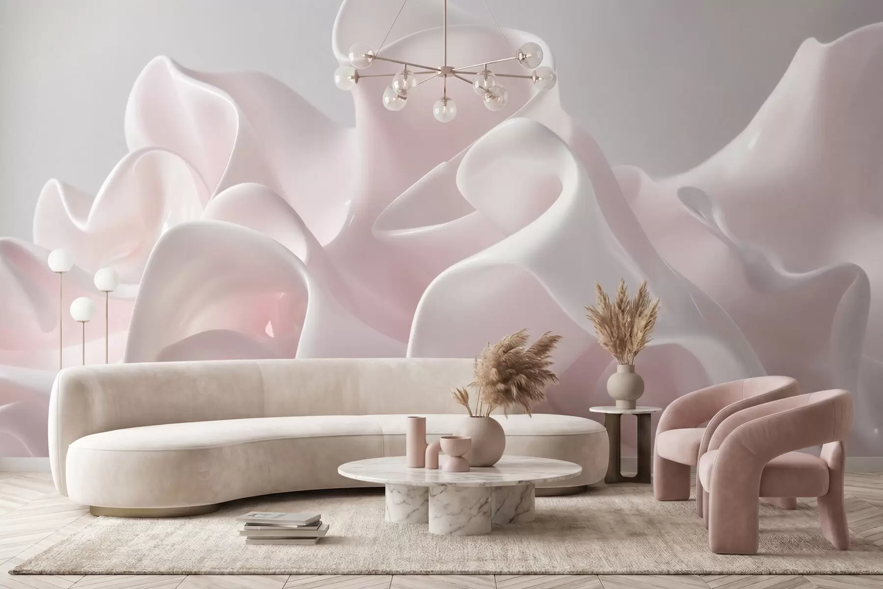 murales de pared Ondas de seda vaporosas en suaves tonos rosa palo w09858