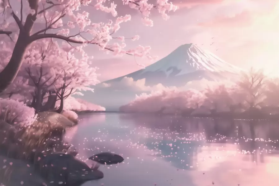 murales de pared Sereno paisaje japonés con cerezos en flor y un lago de montaña al amanecer w09864