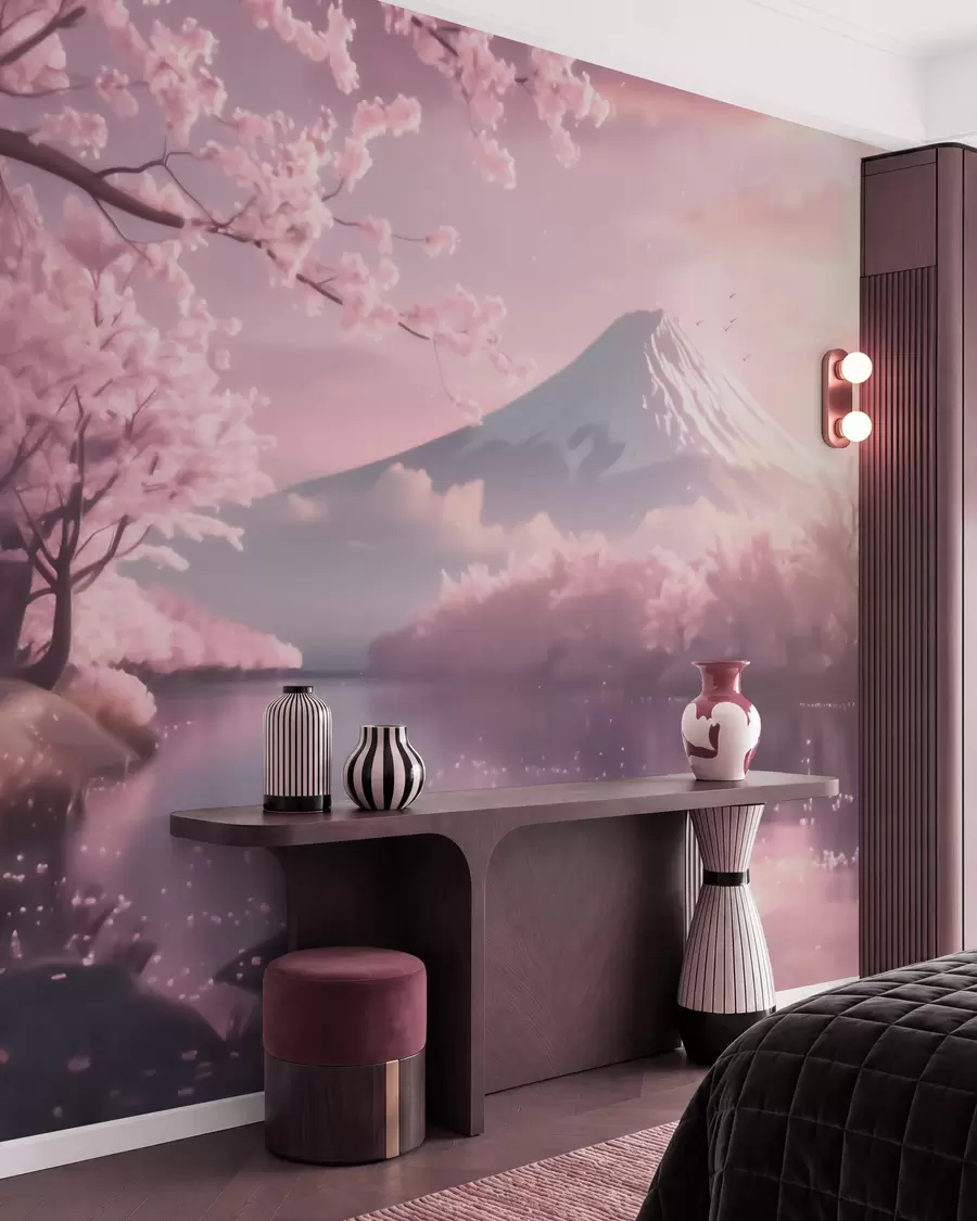 murales de pared Sereno paisaje japonés con cerezos en flor y un lago de montaña al amanecer w09864