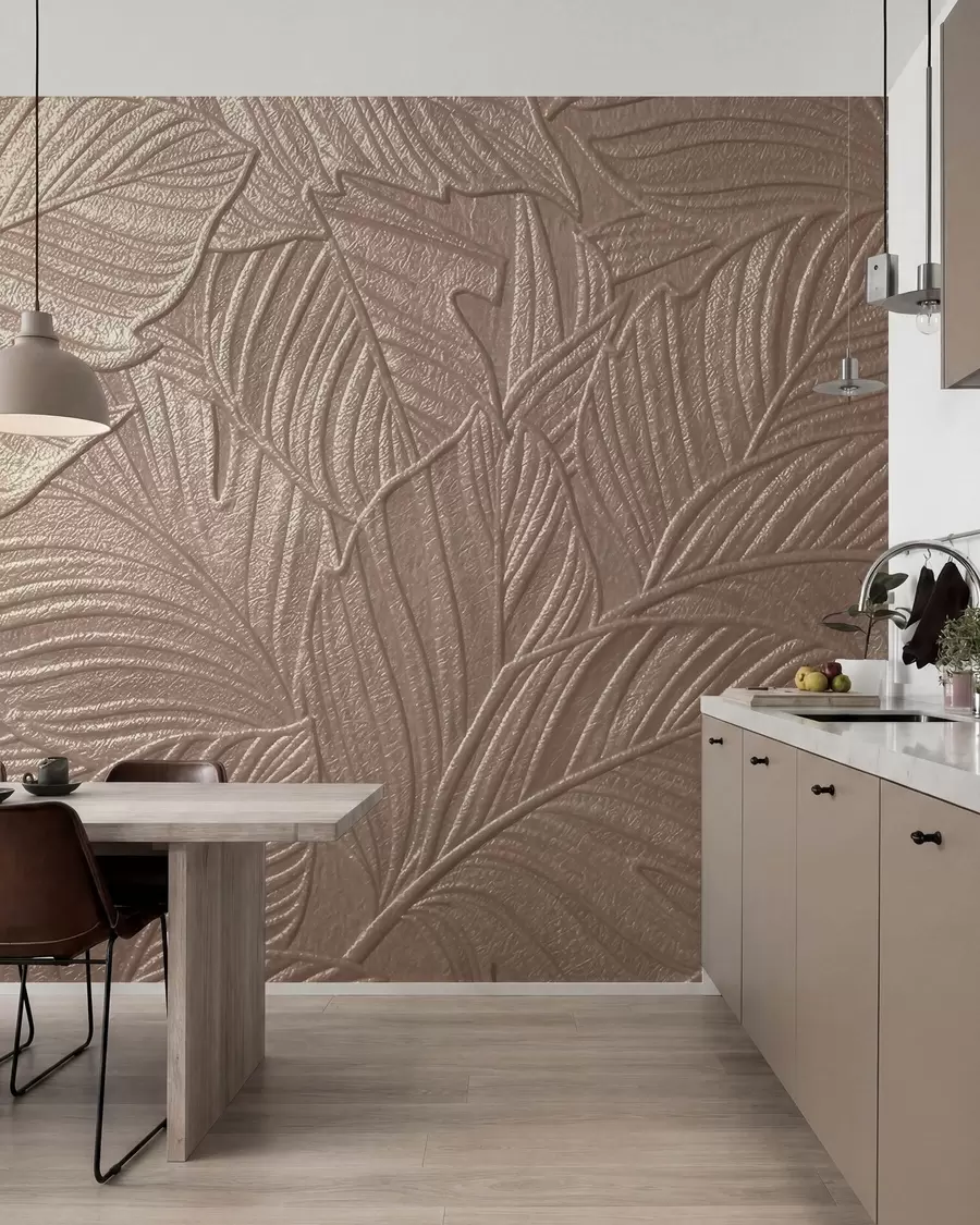 murales de pared Hojas tropicales en relieve con un delicado diseño en tonos beige cálidos w09886