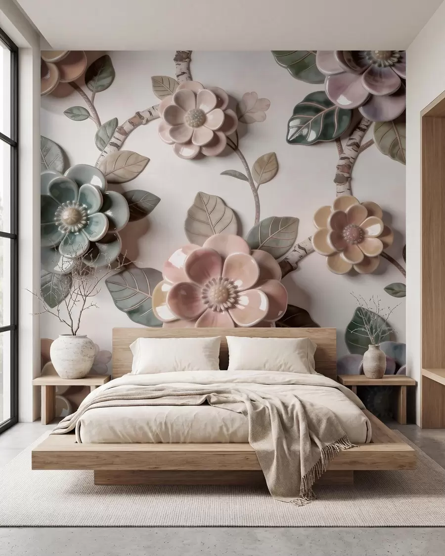 murales de pared Flores de cerámica tridimensionales en una suave gama de colores pastel w09887