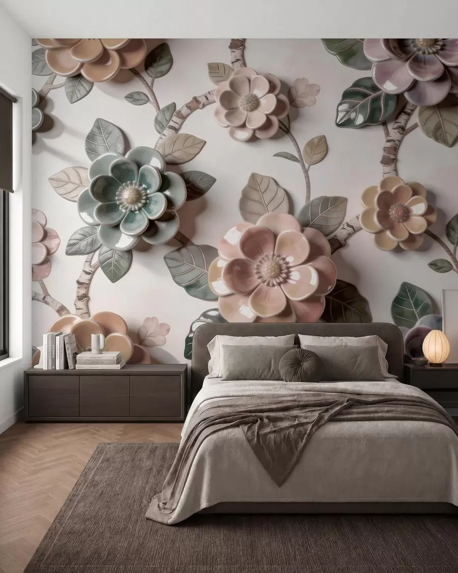 murales de pared Flores de cerámica tridimensionales en una suave gama de colores pastel w09887