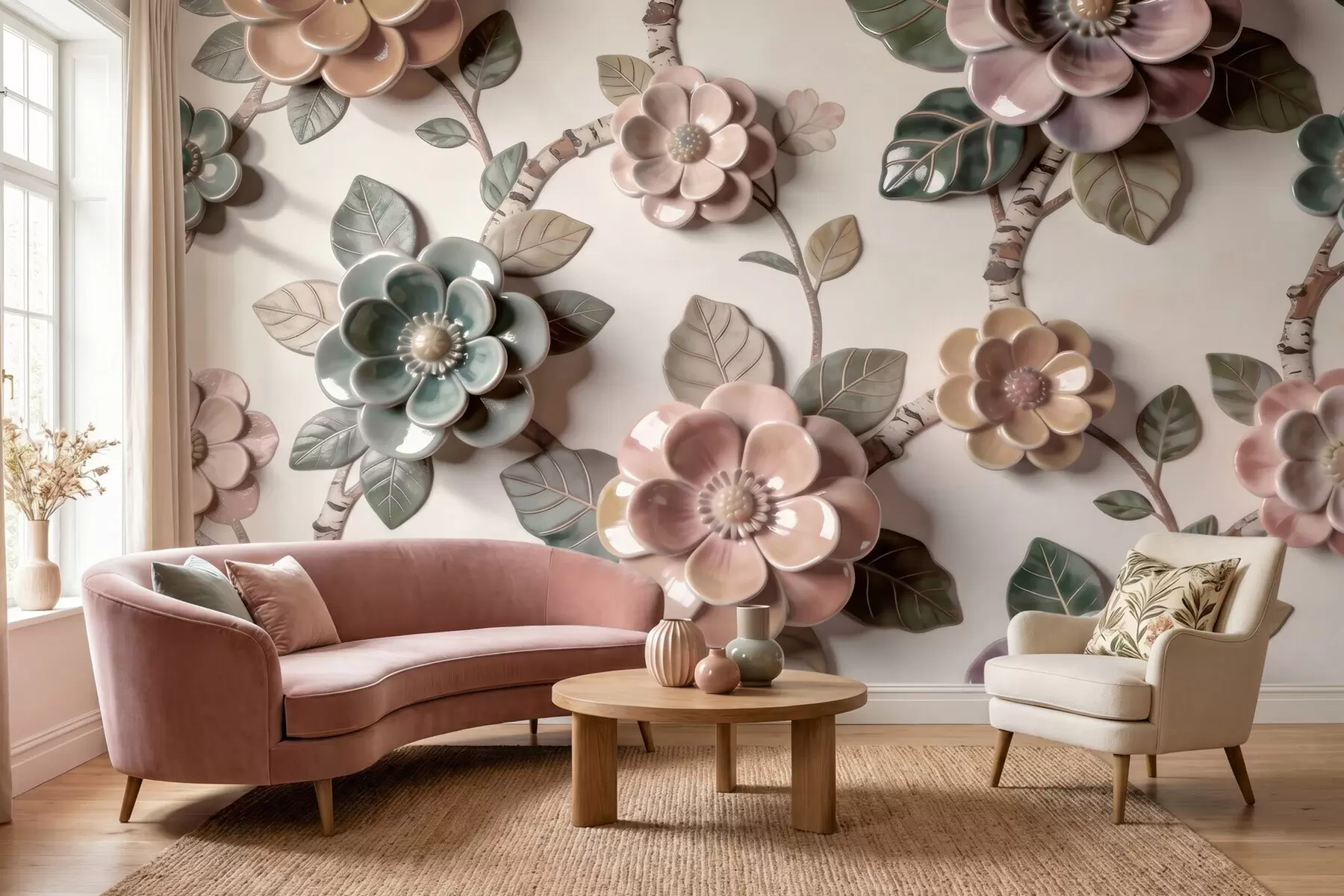 murales de pared Flores de cerámica tridimensionales en una suave gama de colores pastel w09887