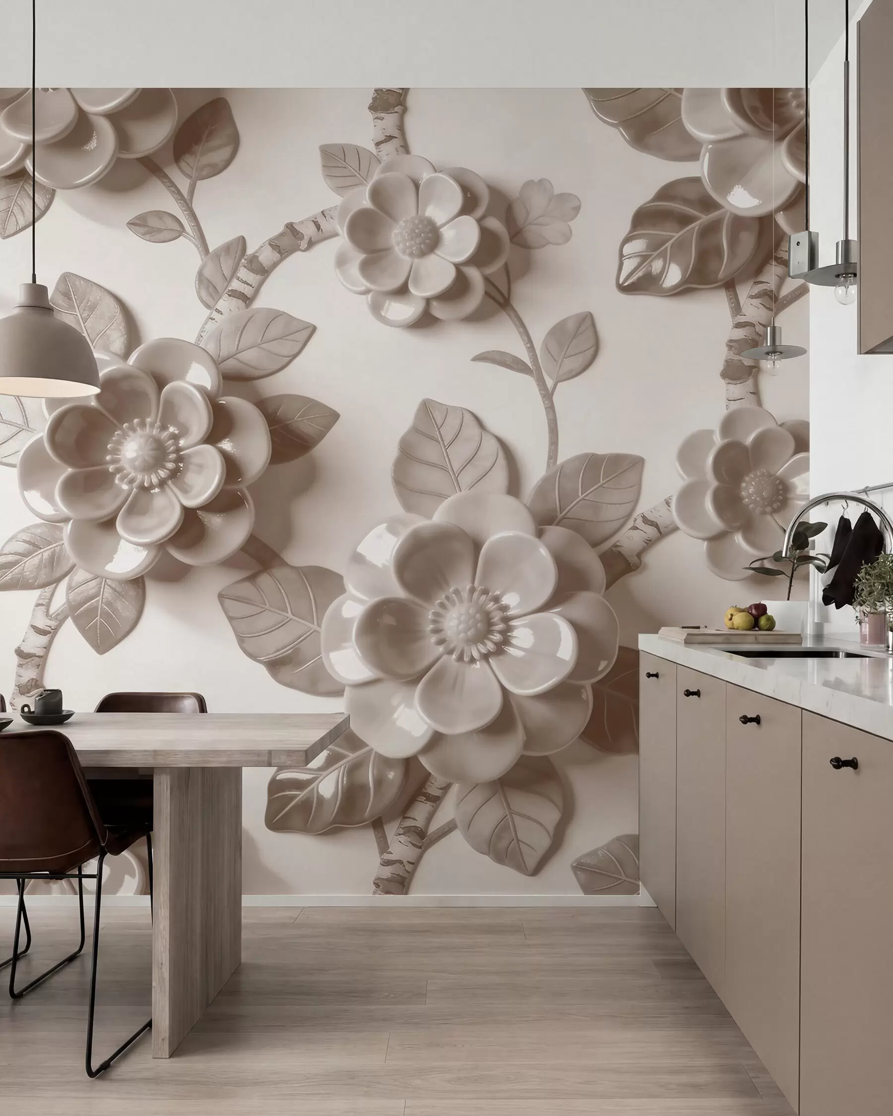 murales de pared Elegante arreglo floral en tonos beige con flores esculpidas en tres dimensiones w09887v1