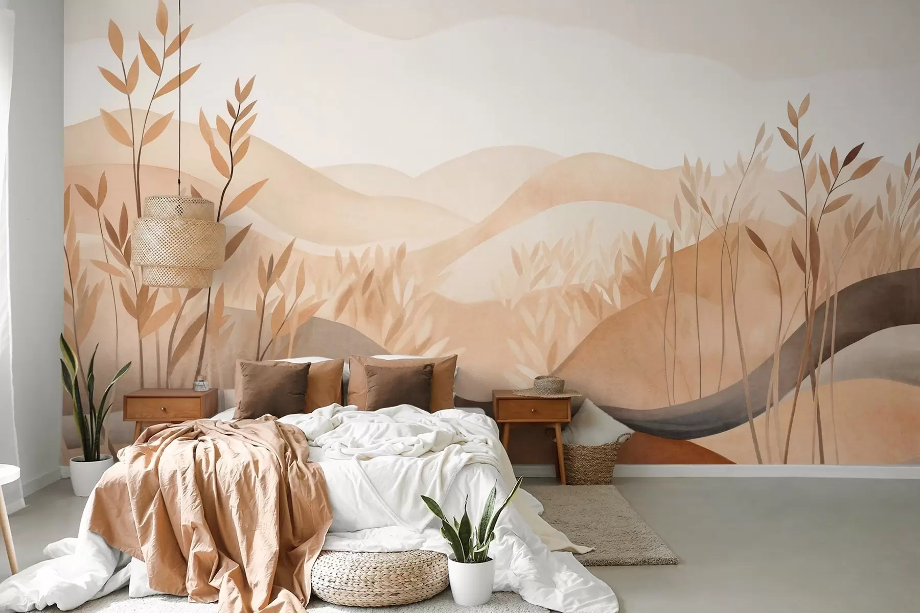murales de pared Paisaje abstracto con colinas onduladas en tonos marrones y beige, obra de arte con textura w09617