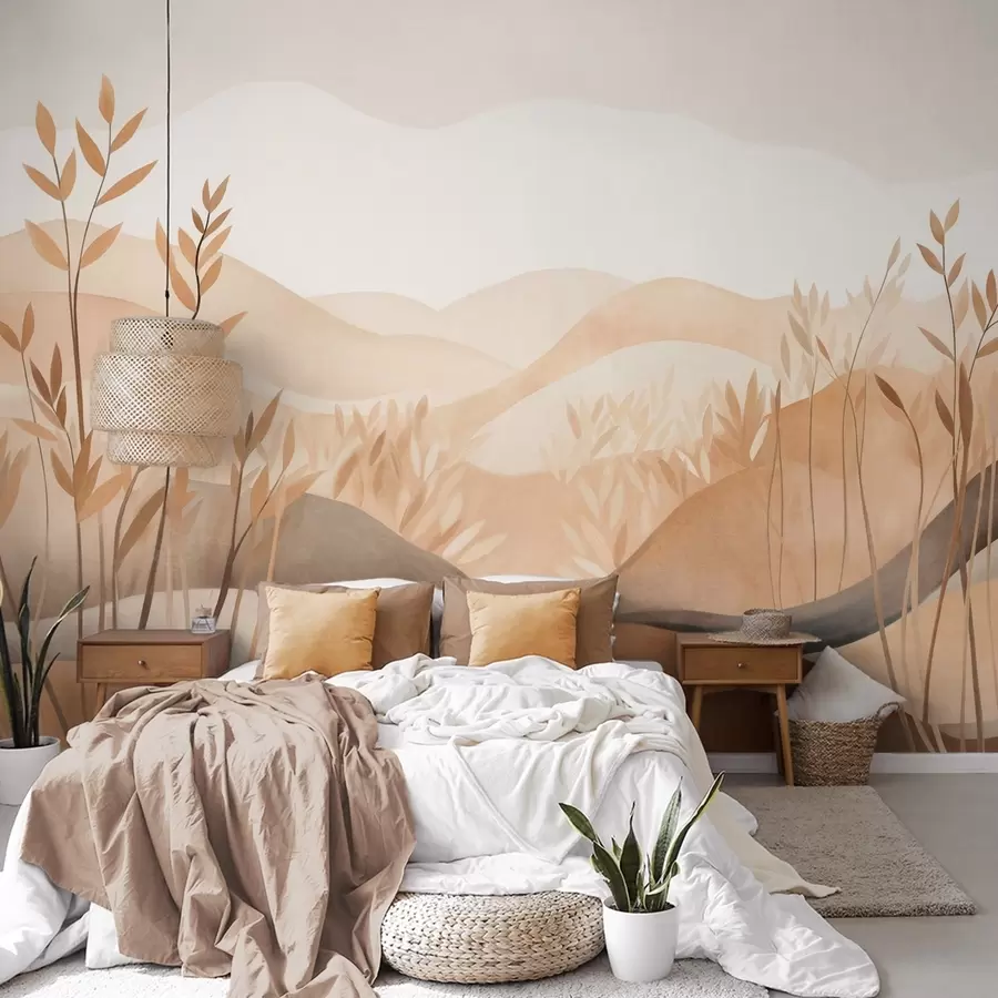 murales de pared Paisaje abstracto con colinas onduladas en tonos marrones y beige, obra de arte con textura w09617