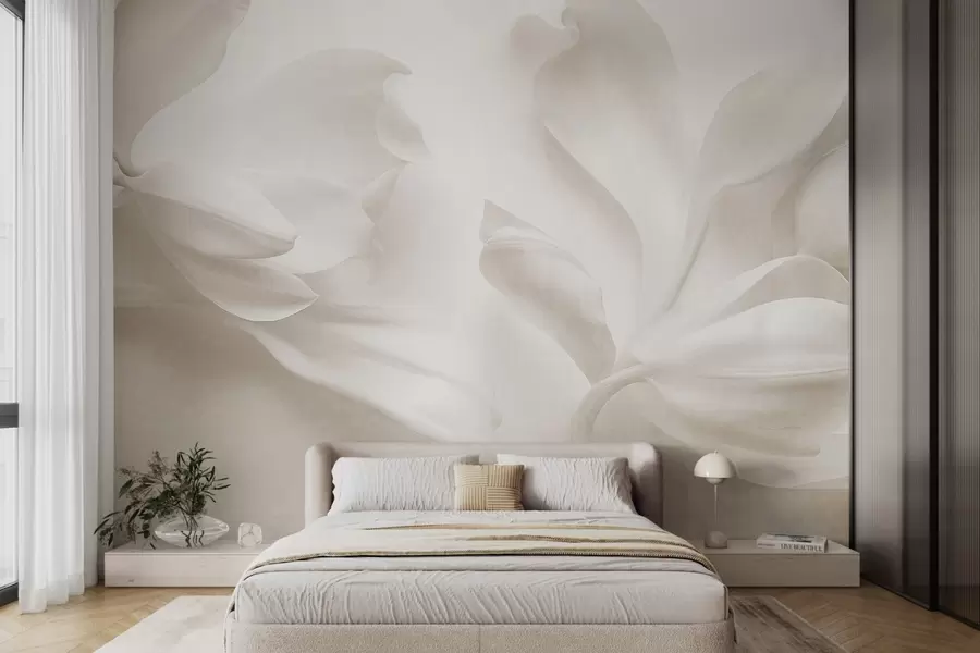 murales de pared Flores de magnolia blancas con textura y pétalos delicados, sobre un fondo claro difuminado w09771