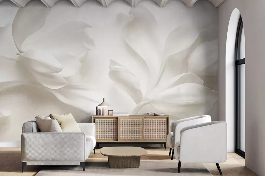 murales de pared Flores de magnolia blancas con textura y pétalos delicados, sobre un fondo claro difuminado w09771