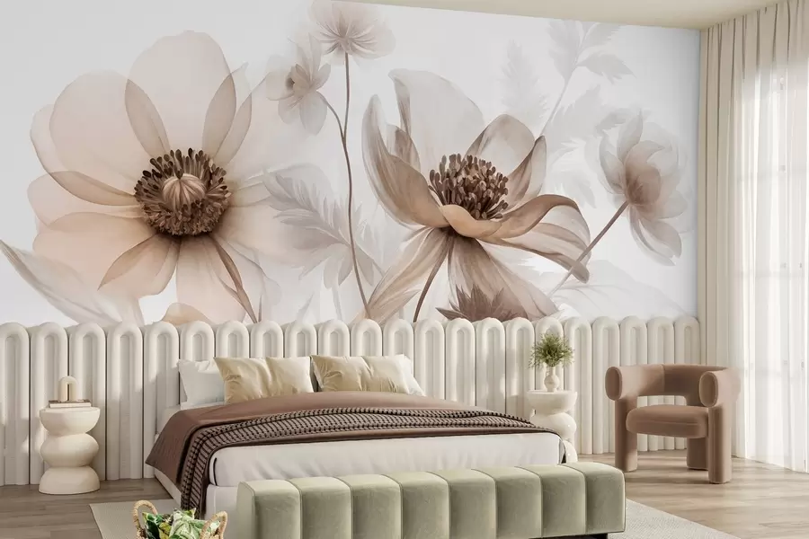 murales de pared Flores grandes, translúcidas y de tonos sepia, con pétalos delicados, hojas plumosas y flores más pequeñas w09900