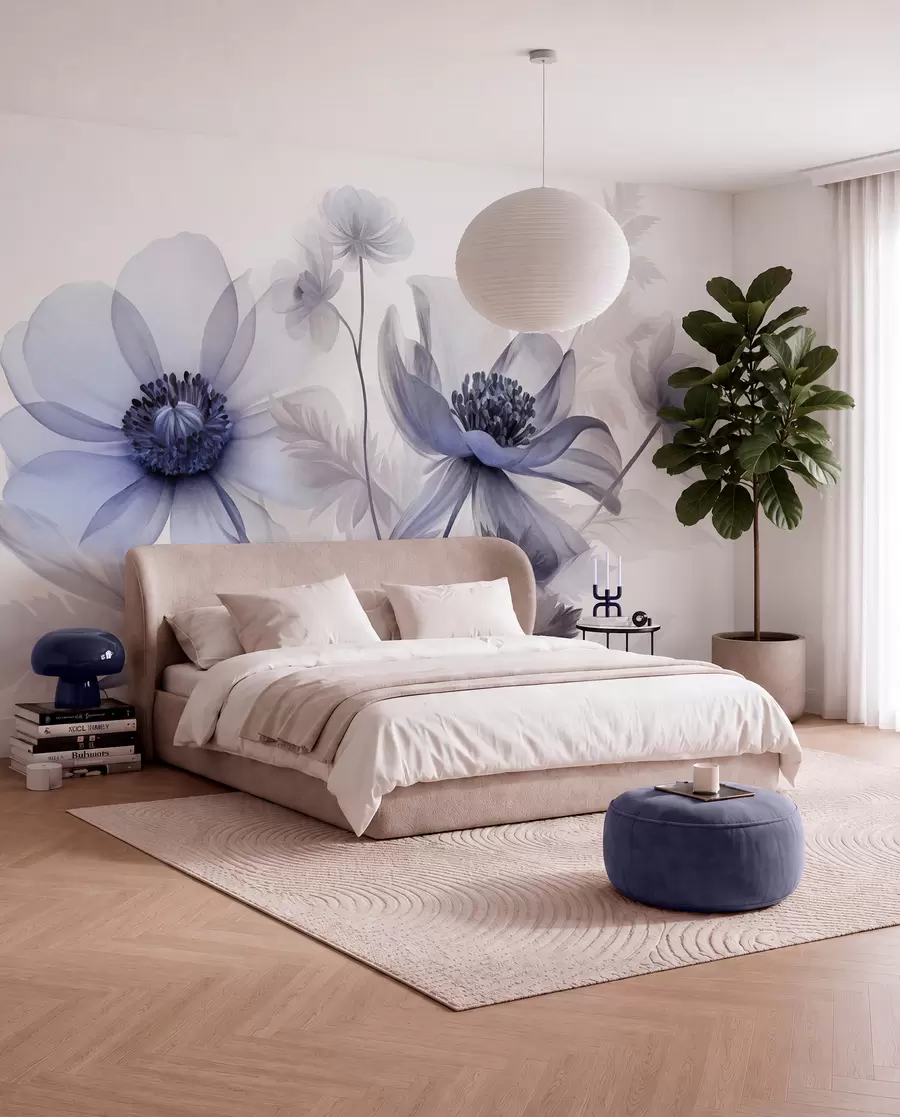 murales de pared Flores grandes, translúcidas y de tonos azules, con pétalos delicados, hojas plumosas y flores más pequeñas w09900v1