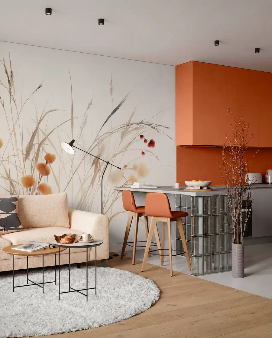 murales de pared Hierbas altas y pequeñas flores silvestres de color naranja sobre un fondo pálido, con un estilo boho lleno de textura w09902