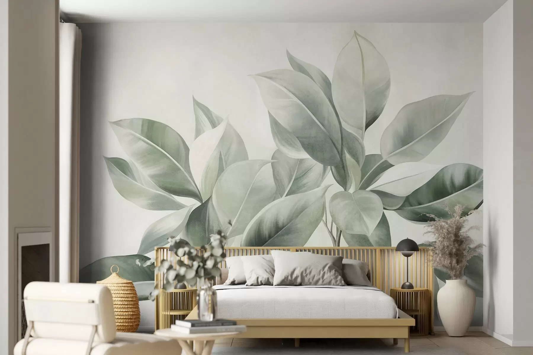 murales de pared Hojas de color verde claro sobre un fondo pálido y suave, con textura de estilo boho w09909