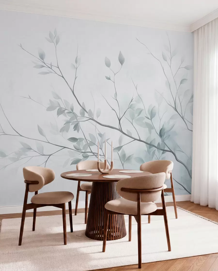 murales de pared Ramas delicadas con hojas de un rosa suave sobre un fondo pálido, al estilo de la acuarela w09910v1