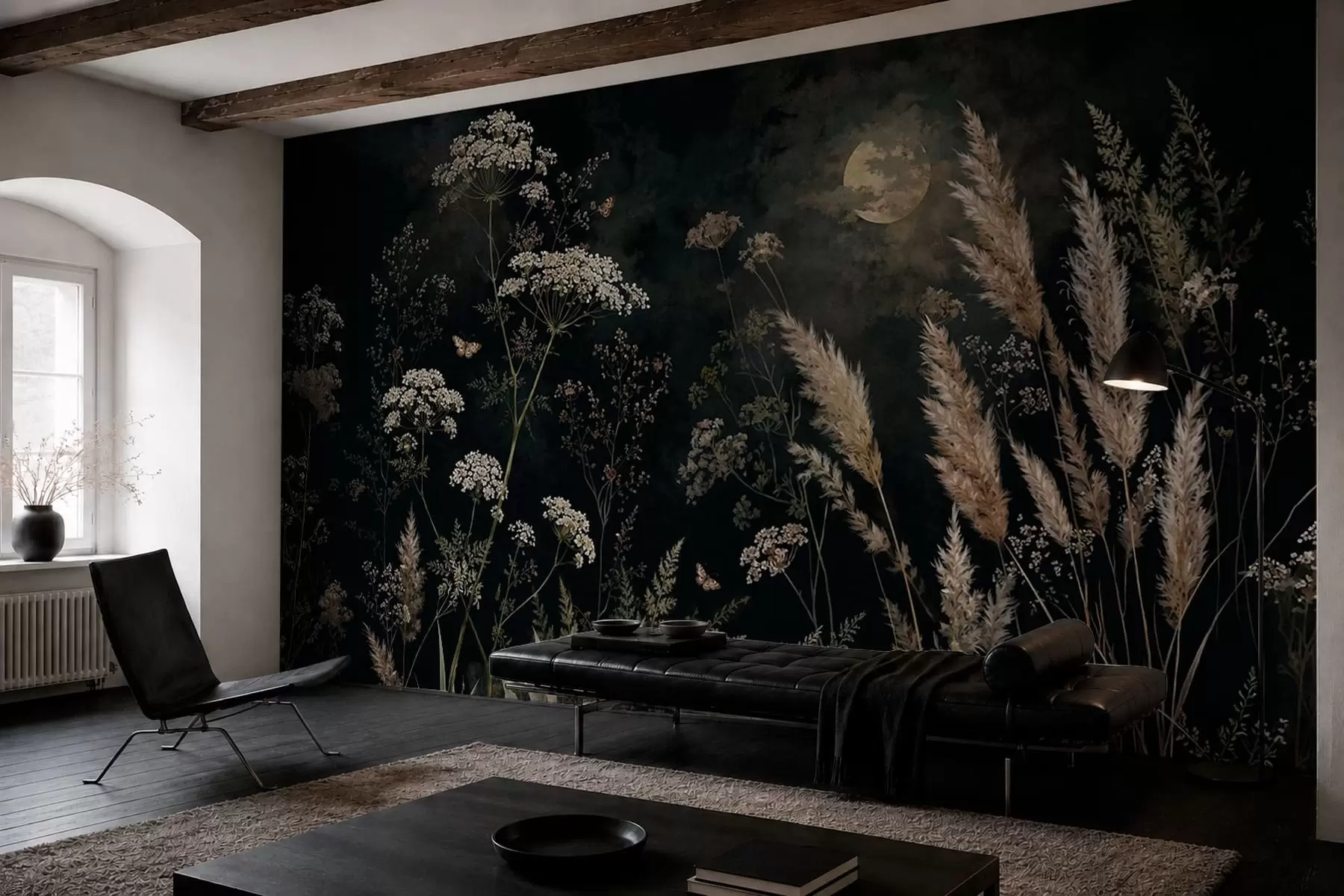 murales de pared Pradera a la luz de la luna con hierbas y flores silvestres w05701