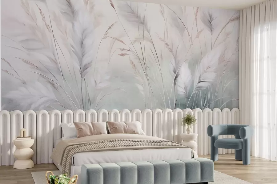 murales de pared Hierbas altas y plumosas que se mecen suavemente sobre un fondo suave y tenue: un delicado arte natural w09831