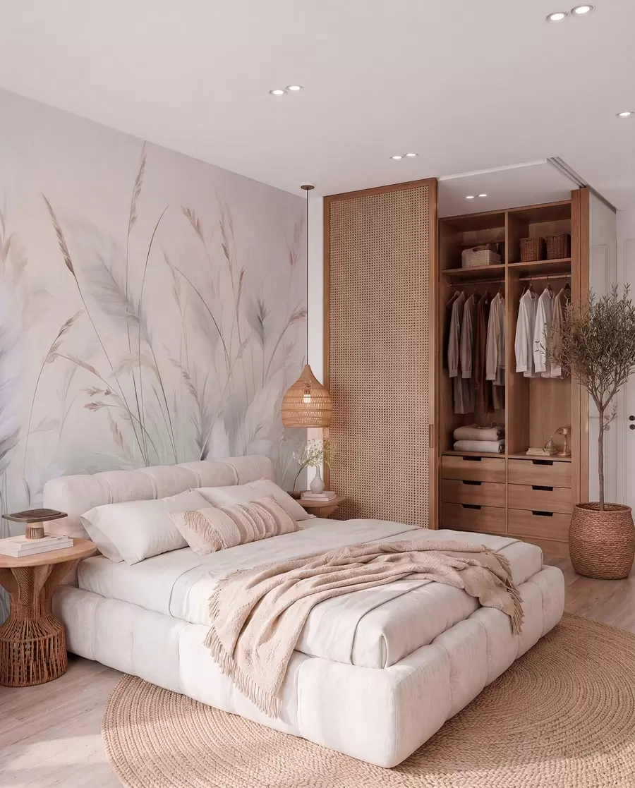 murales de pared Hierbas altas y plumosas que se mecen suavemente sobre un fondo suave y tenue: un delicado arte natural w09831