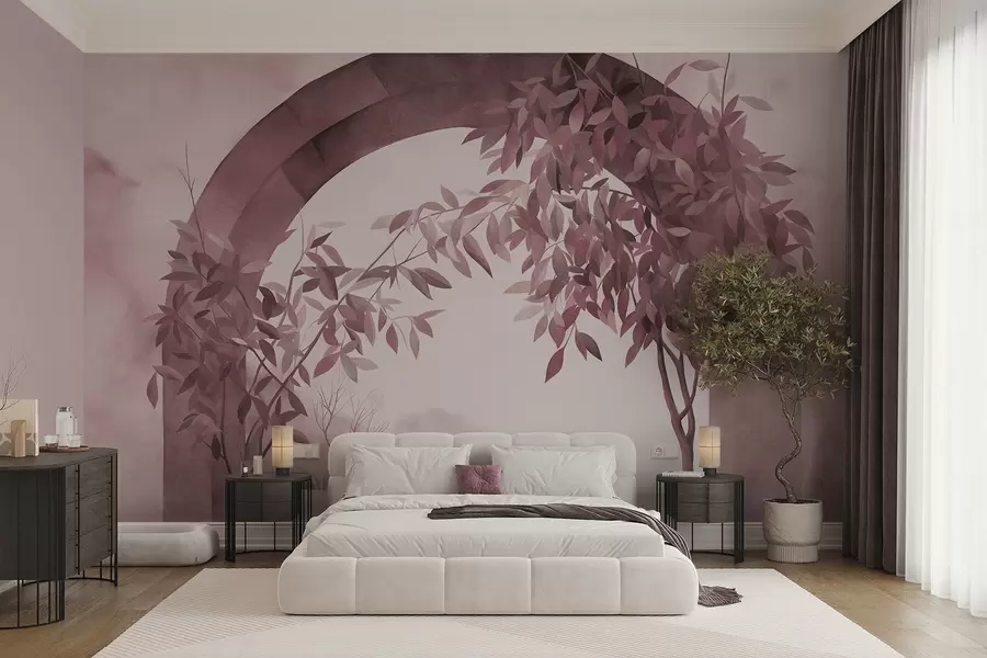 murales de pared Un arco con un paisaje, árboles y follaje en tonos rosas y grises apagados; obra de arte con textura w09907v1