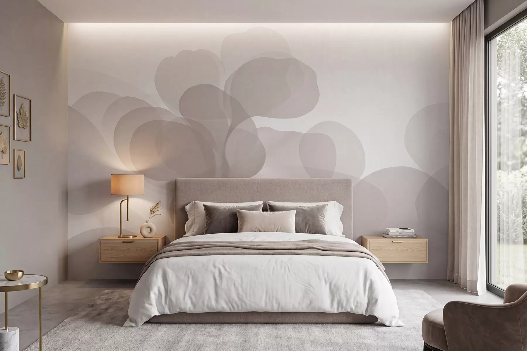 murales de pared Siluetas botánicas abstractas semitransparentes en cálidos tonos beige w09925