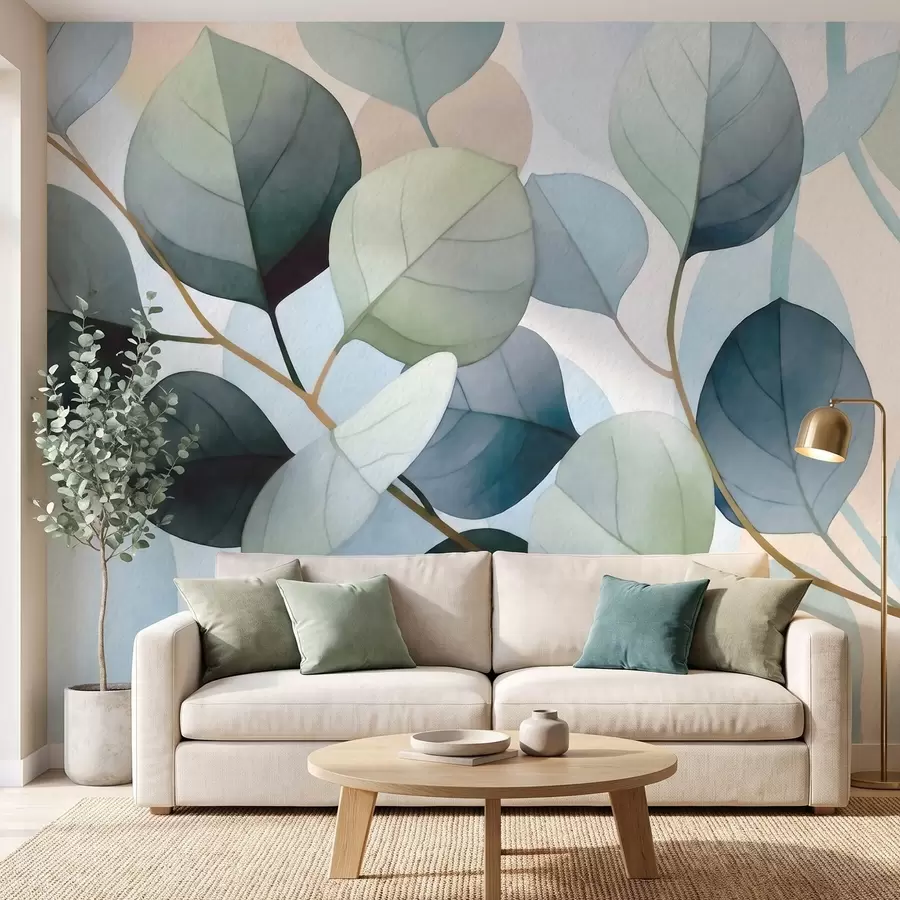 murales de pared Delicadas hojas de eucalipto pintadas en acuarela w09927