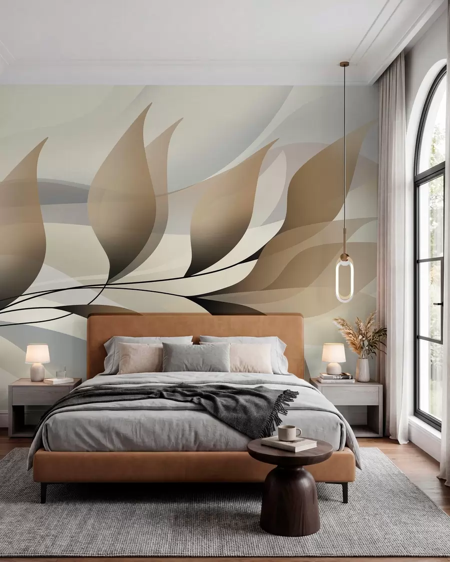 murales de pared una elegante rama con hojas de color beige w05660
