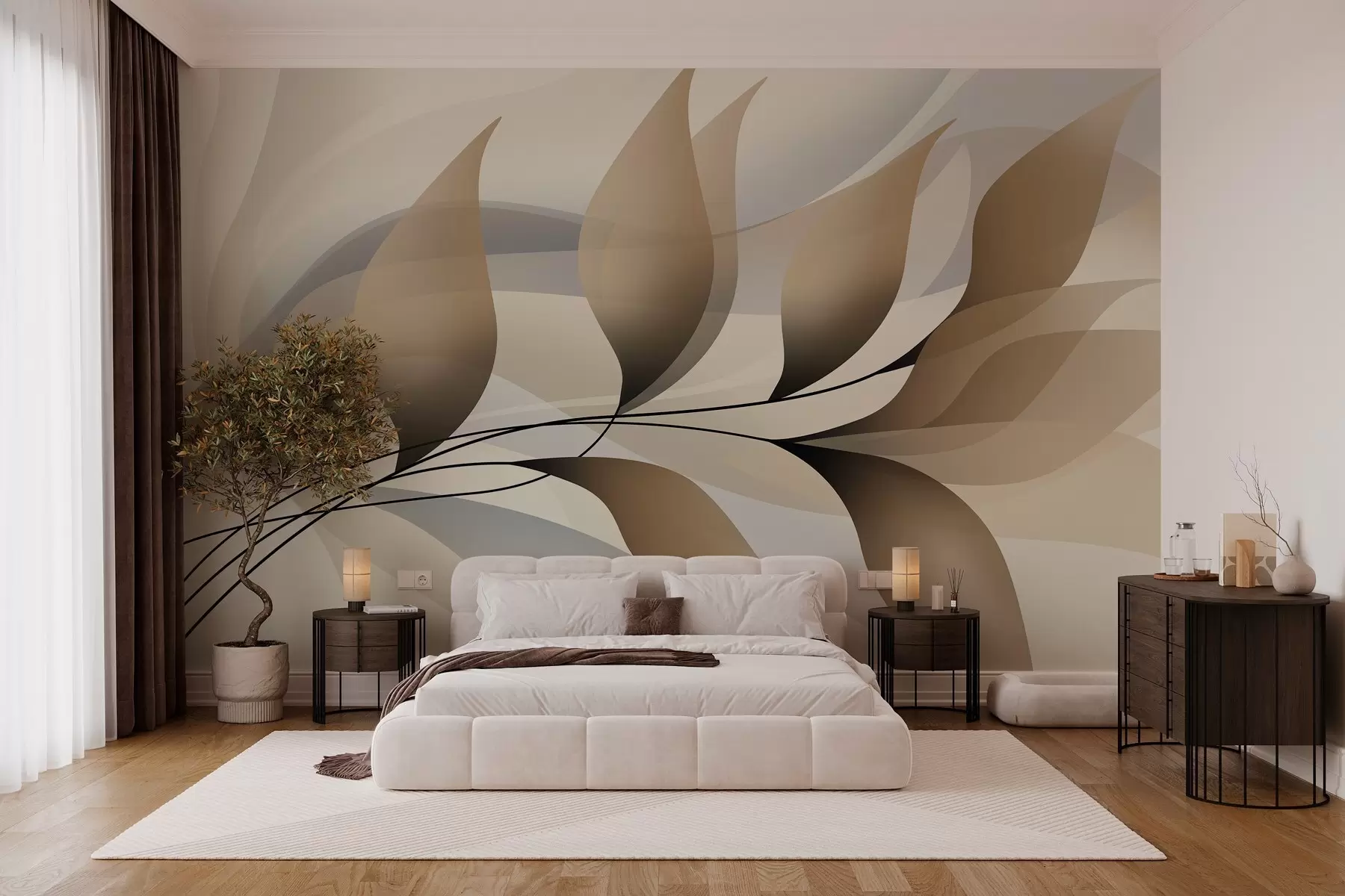 murales de pared una elegante rama con hojas de color beige w05660