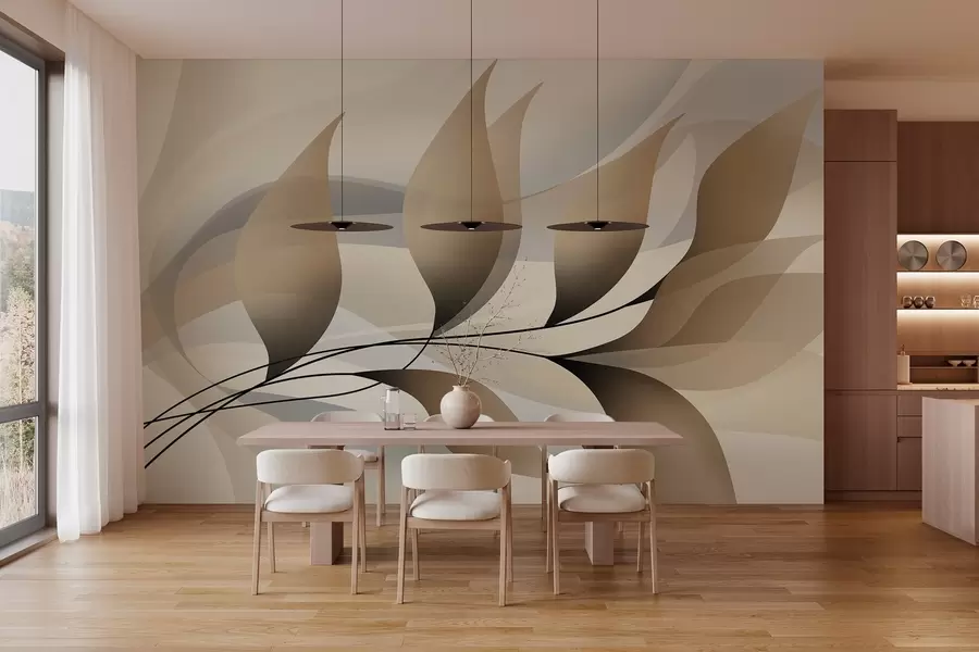murales de pared una elegante rama con hojas de color beige w05660