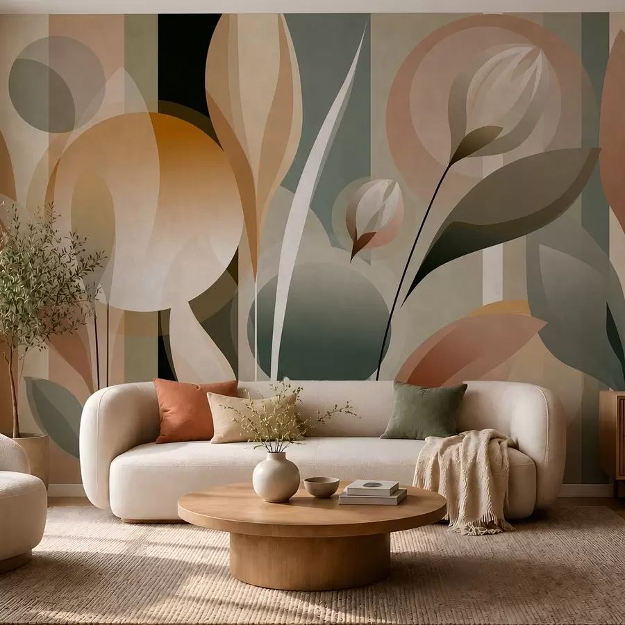 murales de pared una abstracción estilizada en la que aparecen plantas en colores naturales w05750