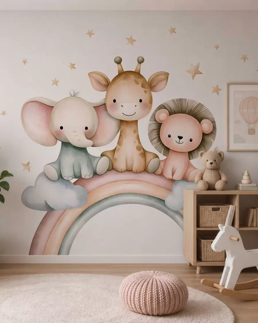 murales de pared un arcoíris con animales entre las estrellas, en estilo acuarela w05752
