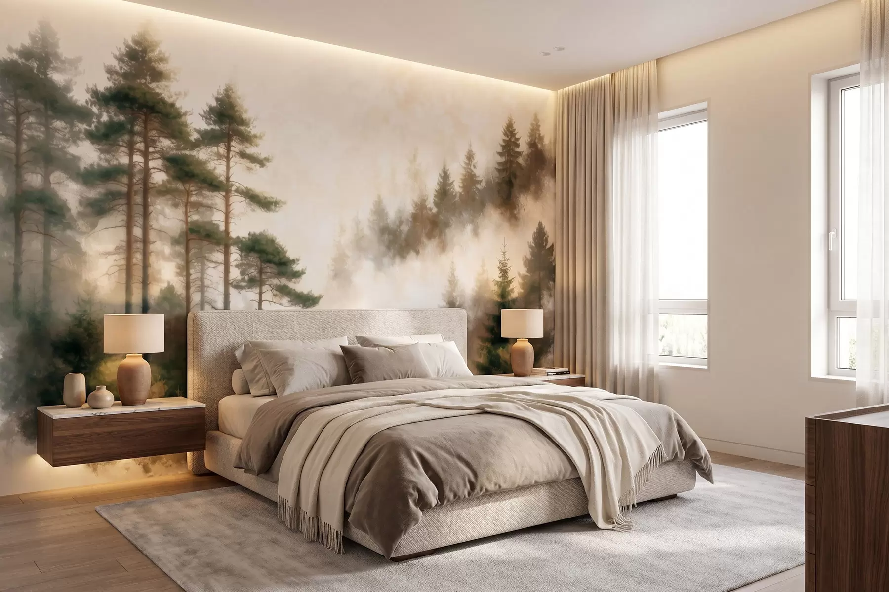 murales de pared Bosque de pinos por la mañana, al estilo de la acuarela w09916