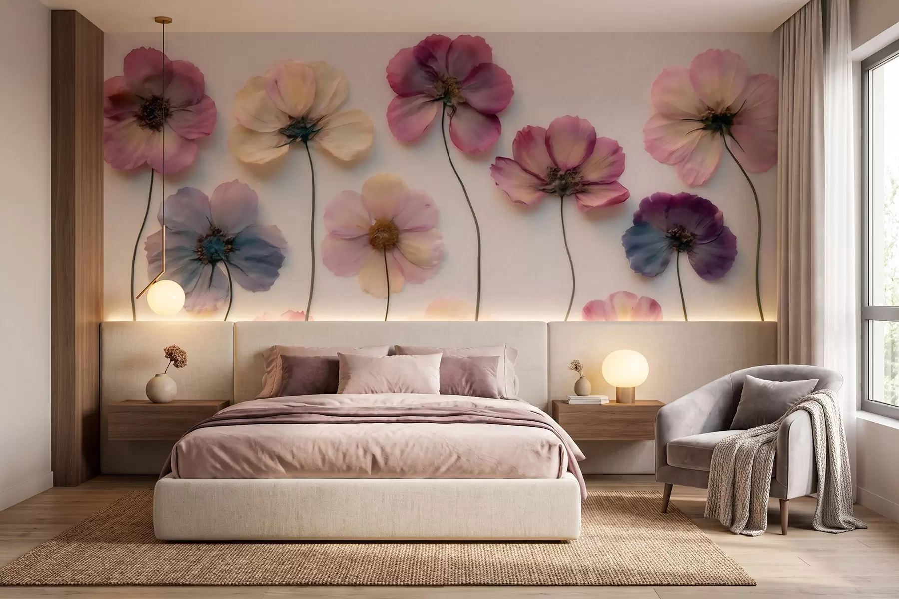 murales de pared Composición de herbario con efecto de flores prensadas y textura en 3D w09911