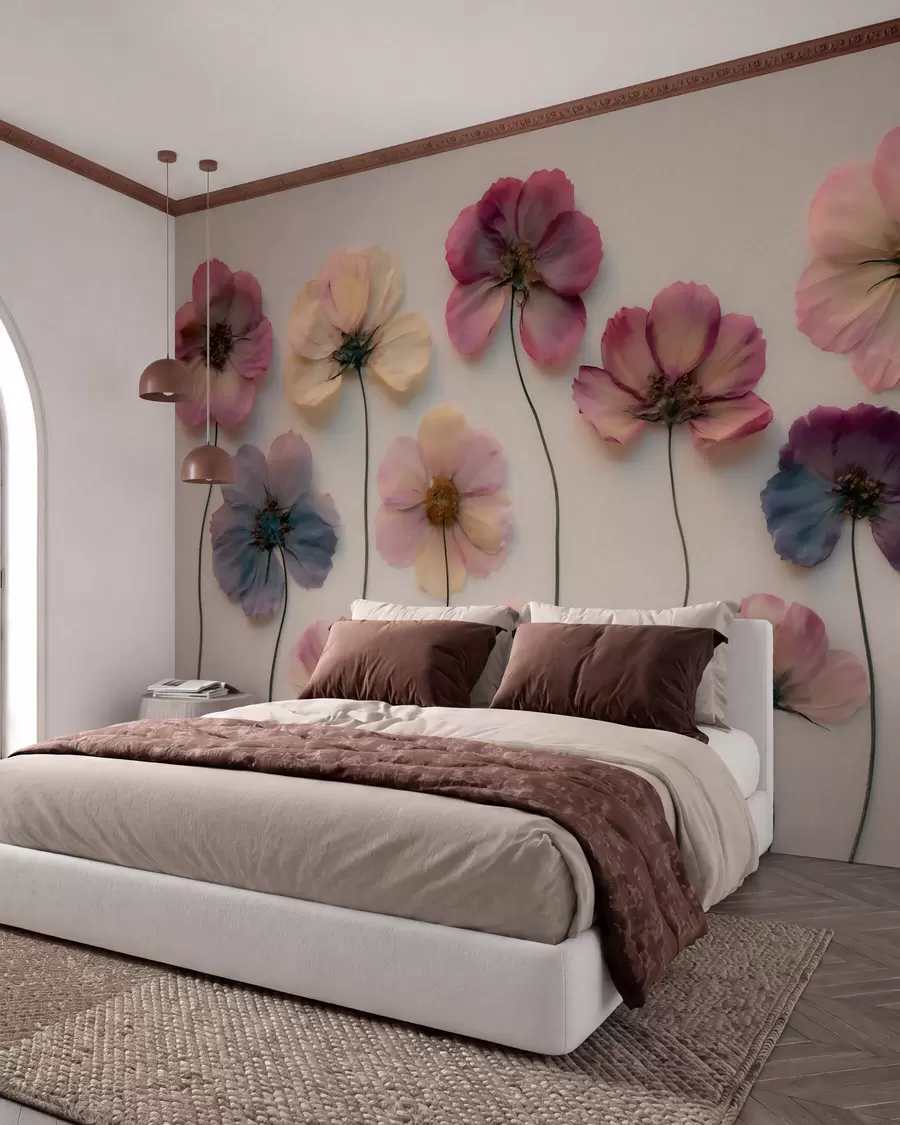 murales de pared Composición de herbario con efecto de flores prensadas y textura en 3D w09911
