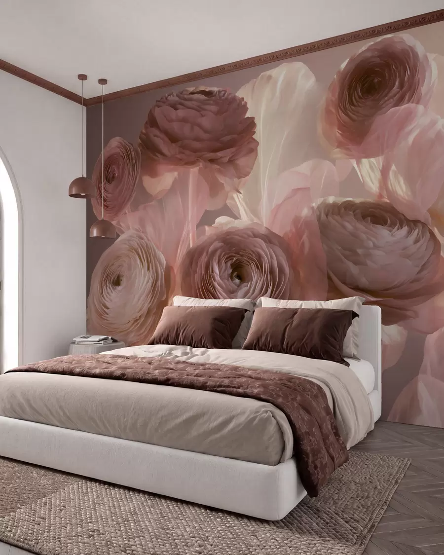 murales de pared Grandes flores de ranúnculo de estilo artístico en suaves tonos rosa y crema w09921