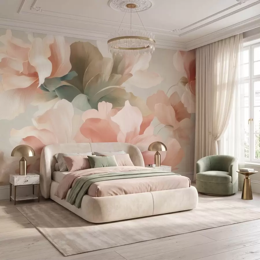 murales de pared Grandes flores artísticas en suaves tonos pastel de color crema, rosa y verde w09935