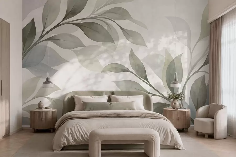 murales de pared Hojas grandes en suaves tonos verdes y azules w05693